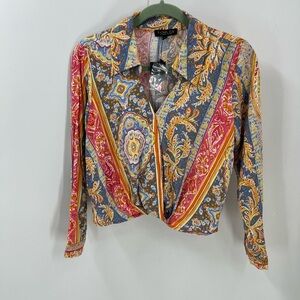 Rachel Zoe, boho multi floral paisley print crossover crop top S NWT